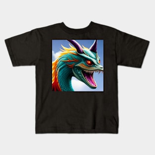 Cyan Dragon with Orange Mane and Purple Horns Kids T-Shirt